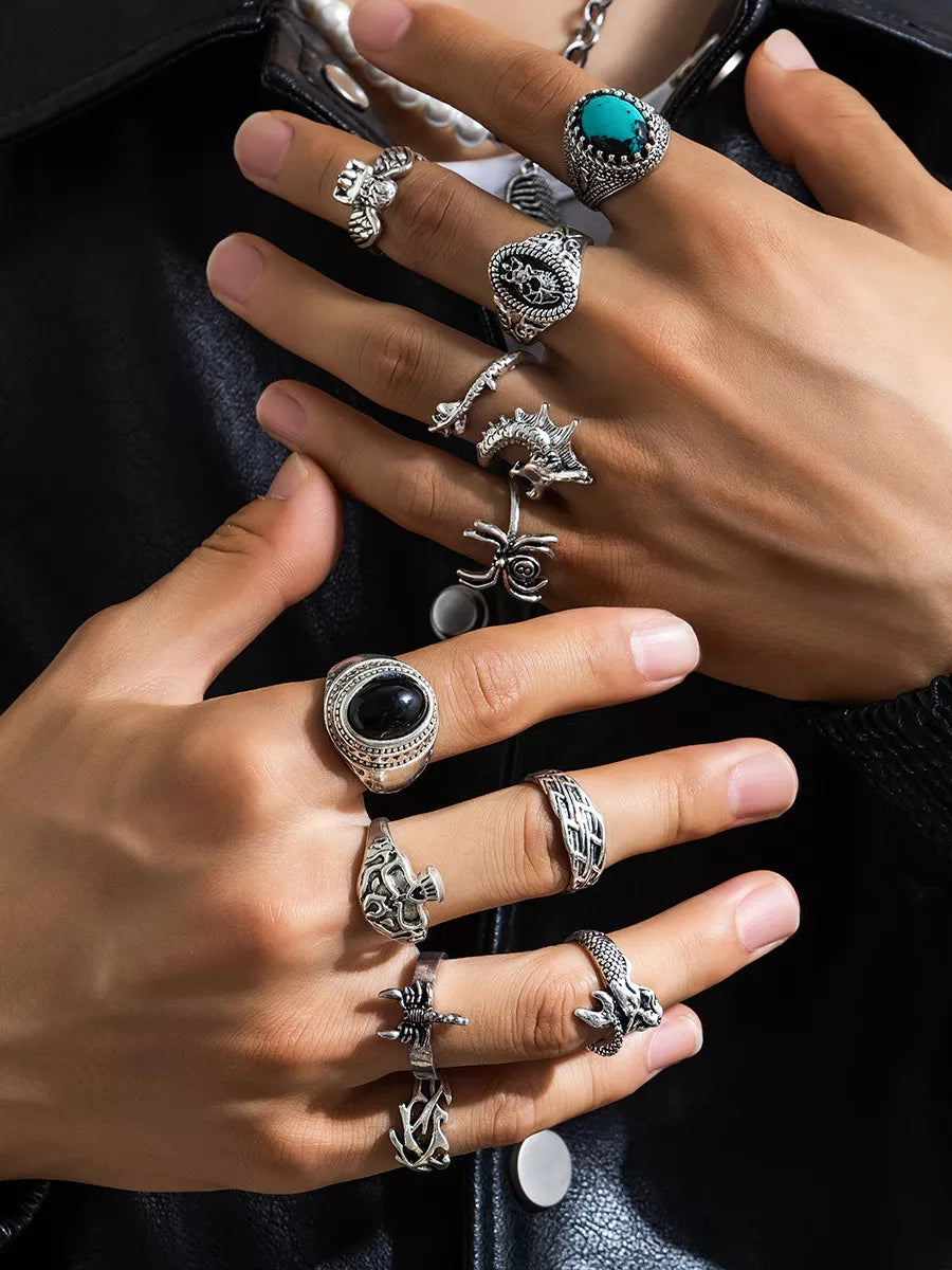 11Pcs Retro Animal Spider Dragon Scorpion Angel Mermaid Pattern Turquoise Decor Rings