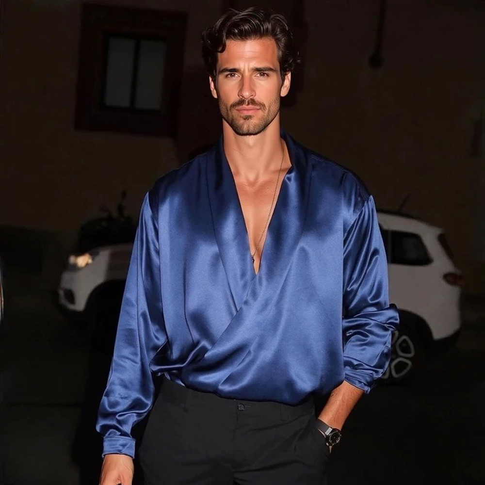 Luxury Satin Wrap Long‑Sleeve Shirt